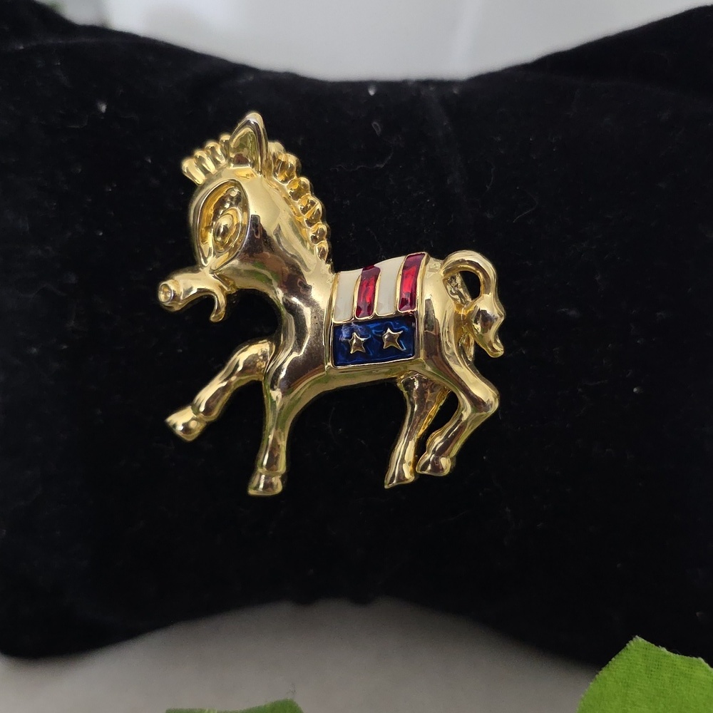 Gold Democratic Party Donkey With Red White And Blue Enamel Brooch Pin